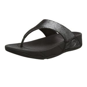 Fitflop Lulu Shimmer Black Silver Microwobbleboard Wedge Thong Sandals Woman's 8